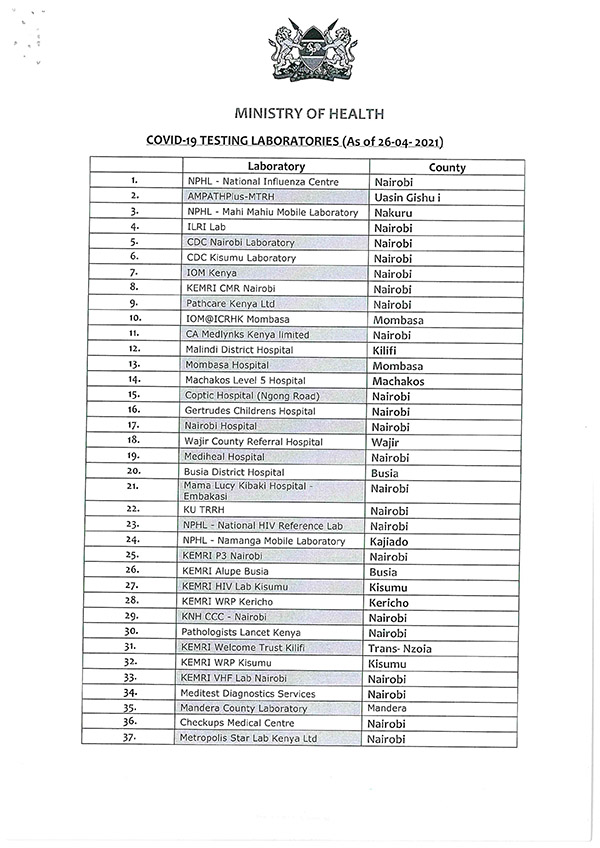 Approved Covid 19 Pcr Testing Laboratories Kenya Civil Aviation Authority